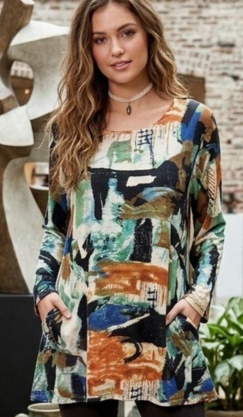 Dorman lightweight geometric mod print asymmetrical lagenlook blouse